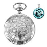 BOSHIYA Vintage Doctor Who Pocket Watch with Bronze Case Quartz Full Hunter Black Dial and Chain, Retro Dr Who Pocket Watches for Men Gift Box (Silver)