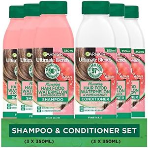 Garnier Shampoo & Conditioner Set By Ultimate Blends, Plumping Watermelon Hair Food Fine Hair, 98 Percent Natural Origin Ingredients, 100% Vegan Formula, 3 X 350ml Shampoo & 3 X 350ml Conditioner