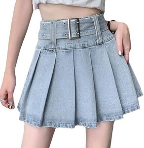 kakarin choyx Denim Skirt Y2K High Waisted Pleated Vintage Casual Jean Mini Skirt with Shorts Underneath Women's Skirt L Blue