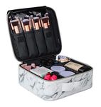 INOVERA (LABEL) Faux Leather Makeup Organizer Bag for Women, Girls & Bride - Travel Cosmetic Kit Storage Organiser - Toiletry Vanity Box with Adjustable Compartment, 26l x 23b x 9h cm (White Marble)