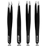 Professional Eyebrow Tweezers for Facial Hair Women & Men Stainless Steel, Angled Straight Slanted and Pointed Tip Precision Tweezers for Ingrown Hair Tweezers Eyebrow Plucking Tweezers (4, Black)