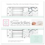 SwaddleDesigns Cotton Muslin Swaddle Blankets, Set of 4, Sterling Starshine Shimmer (Parents' Picks Award Winner)