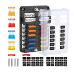 12 Way Blade Fuse Box, Blade Fuse Block Holder with Negative Bus LED Indicator & Protection Cover for Car Boat Marine Truck SUV Yacht RV