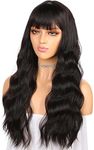 Long Wavy Synthetic Deep Brown Hair Wigs with Bangs for Women Girls Long Wavy Natural Dark Brown Synthetic Wig with Bangs Natural Body Wave Brown Hair Wigs for Women 22''