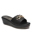 Bruno Manetti Women's Black Slipon Back Open with Upper Golden Buckle Round Toe Comfort Platform Wedges