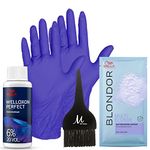 Welloxon Perfect 6% 20 Volume Creme Developer 60 ml, Blondor Multi Blonde Powder Lightener 30 grams, Pair of Latex Free Gloves and M Hair Designs Tint Brush Black (Bundle 4 items)