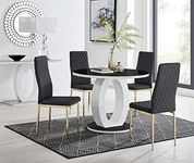 Furniturebox UK Giovani 100cm Round Black Tempered Glass and White Gloss 4 Seater Halo Kitchen Dining Table & 4 Black Faux Leather Gold Leg Milan Dining Chairs