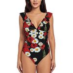 PIXOLE Red Flower and White Daisy Print Women One Piece Swimsuits Tummy Control Bathing Suit Ruffle V Neck Swimwear Slimming