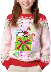 Meland Kids Ugly Christmas Sweater - Light Up Funny Holiday Pullover - Cute Xmas Sweater for Boys & Girls (US, Age, 11 Years, 13 Years, Pink Christmas)