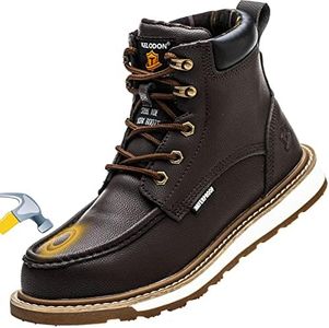 KELODON Waterproof Steel Toe Boots For Men-6" Leather Work Boots Indestructible Construction Boots Slip Resistant Safety Boots,Dark Brown,size 9.5 Men