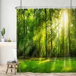 Arrebolart Green Forest Shower Curtain Summer Sunshine Nature Landscape Mist Pine Tree Shower Curtains Spring Sunrise Woodland Bathroom Home Decor Fabric Waterproof Durable 72 x 72 Inch