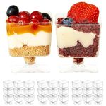 MATANA 100 Mini Clear Hard Plastic Dessert Cups for Parties (Square with Stem, 60ml) - Elegant & Reusable Individual Dessert Pots for Cheesecake, Jelly, Puddings, Mousse, Tiramisu, Trifles