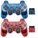 Wireless Controller for PS2,Built-in Dual Vibration 2.4G Gamepad Joystick Compatible for Playstation 2 (2PACK, Clear Blue and Clear Red)