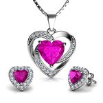 DEPHINI - Pink Jewelry Set - Pink Necklace & Pink Earrings - 925 Sterling Silver Crystal Studs & Pendant Birthstone - 18" Rhodium Plated Silver Chain - Jewelry Box Gifts for Women