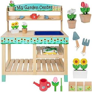 Wooden Toy Gardening Center Indoor Playset - 22 Pc Garden Set w Flowers, Seed Packets, Pots, Shovel, Rake, Apron, Watering Pot- Great Interactive and Fun Playtime Gift for Boys or Girls