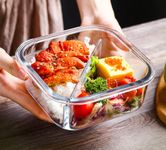 HOMIES Slim Square High Borosilicate Bakeware Safe Glass Big Lunch Box with Diagonal Compartment, 920 ML, Clear