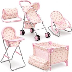 Baby Doll Stroller Bed and Seat Nursery Playset, Baby Doll Accessories Set High Chair Diaper Bag Role Play Deluxe Baby Doll Floral Set