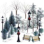 Zonon 47 Pcs Christmas Village Sets Mini Artificial Christmas Tree Sets Snowy Pine Trees Figurine Bare Branch Trees First Frost Trees Xmas Street Lamp Post Miniature Park Bench Seat for Holiday Decor