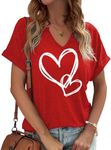 Earlymemb Womens Lover Heart Graphic V Neck Shirt Valentines Day Funny Couple Matching Casual Short Sleeve Gift Tee Tops…, A-red-1, X-Large