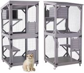 Cat House Outdoor Cage Cat Enclosure on Wheels,Large Wooden Kitty Catio with Resting Box,PVC Layer