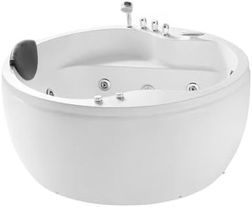 Empava 59'' Acrylic Freestanding Whirlpool Bathtub Hydromassage Round Jetted Soaking Tub with Right Side Drain and Waterfall Faucet, White