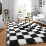 KICMOR Black and White Checkered Rug, 3x5 Fluffy Area Rugs for Bedroom, Fuzzy Furry Shag Shaggy Living Room Carpet, Soft Plush Bedside Indoor Small Throw Rug for Nursery Kids Room Dorm Home Decor