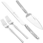 ROXBURGH Wedding Cake Knife and Server Set, Mr and Mrs Forks, Cake Cutting Set for Wedding, 420 Stainless Steel Silver Cake Cutter and Pie Server Slicer, Rhinestones Studded Handle Engagement