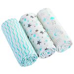 Lumono Swaddle Blankets 3 Pack, Muslin Swaddle Blanket for Boys and Girls, Soft Breathable 100% Cotton Receiving Blanket, Large Size 120 x 120 CM Baby Receiving Blankets for Newborn (Aqua)