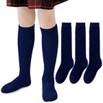 Girls Knee High Socks Seamless Boys School Uniform Socks Kids Soccer Socks Cotton Long Socks 8-10 Years, 3 Pairs (Dark Navy, L)