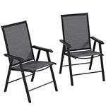 Outsunny Set of 2 Folding Garden Chairs, Metal Frame Garden Chairs Outdoor Patio Park Dining Seat with Breathable Mesh Seat, Dark Grey