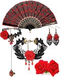 BBTO 5 Pcs Halloween Flamenco Costume Accessories Rose Flower Necklace Bracelet Earring Jewelry and Embroidered Sequins Fabric Folding Fan Set for Halloween Party Decor Women Costume Party(Elegant)