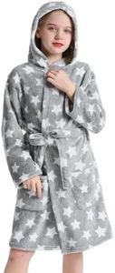 V.&GRIN Girls Fleece Robes, Hooded Plush Soft Fuzzy Warm Fluffy Bathrobe for Kids 3-14 Years（Star Gray 5-6）