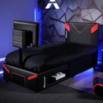 X-Rocker Cerberus Twist TV Gaming Bed with Rotating TV Mount, Storage Cable Management Single 3ft Low Sleeper Bedstead, Faux Leather Upholstery 32" TV Supported 90x190cm Mattress Included - CARBON RED