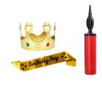 Decofy Birthday Boy Golden Sash & King Crown With Ballooon Pump,Crown For Boys,Mens -Balloon Pump - Any Random Color