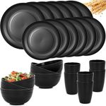 RVXHUA Premium Plastic Dinnerware Sets for 6, Unbreakable Wheat Straw Cups Plates and Bowls Set, Microwave and Dishwasher Safe Kitchen Dish Set for RV Camping Picnic Dorm (Black)