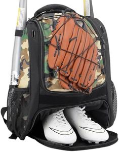 Hsmihair Baseball Bag - Baseball Backpack Holder for Baseball, Large Main Compartment,T-Ball & Softball Equipment & Gear for Youth and Adults,Holds Bats, Helmet, Gloves (CamoBlack)
