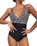 VECENEY One Piece Bathing Suit for Women Tummy Control Swimsuit Criss Cross Back O-Ring V Neck Ruched Swimwear Leopard XL