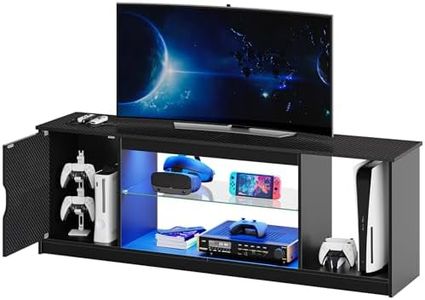 Bestier LED TV Stand for 55/60/65 Inch TV, Gaming Entertainment Center with Cabinet for PS5, Modern TV Console with Adjustable Glass Shelf for Living Room Bedroom, Black Carbon Fiber