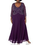 J Kara Women's Plus Size 3/4 Sleeve Geo Beaded Gown, Plum/Mercury/Silver, 18 Plus