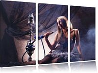 Pixxprint Beautiful woman with hookah, Canvas picture 3 parts, total size: 120x80 cm, wall picture, ready stretched, art print