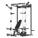 EONFITOmni Squat Rack Power Cage with Cable Crossover Pulley System LAT Pulldown Machines and Weight Bench Packages for Home and Garage Gym Strength Training Equipment