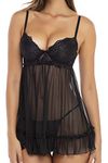 Rene Rofe Push Up Babydoll - Sexy Lingerie Chemise Babydoll withUnderwire Support and matching G-String Panty, Black, 2X