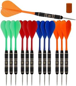 Steel Tip Darts Set |12 pc Bar Darts; 3 of Each Color; Perfect Fun Darts for 4 Players Throwing Metal Tip On Dartboard in Family Game Room, Man Cave (20g Black Brass-STC10435)