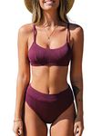 CUPSHE Women's Bikini Set Two Piece Swimsuit High Waisted Scoop Neck Swimwear, Jam Purple, Medium