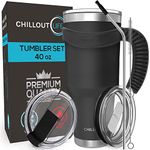 CHILLOUT LIFE Stainless Steel Travel Mug with Handle 40 oz – 6 Piece Set. Tumbler with Handle, Straw, Cleaning Brush & 2 Lids. Double Wall Insulated Large Coffee Mug Bundle - Black