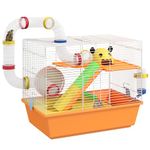 PawHut Hamster Cage 3 Tiers Small Animal House for Dwarf Hamster Gerbil Cage with Complete Tunnels, Water Bottle, Exercise Wheel, Food Dish, Ramps, Hut, 18" x 11" x 15" - Orange