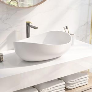 COGITIL Bathroom Sink, 22" Oval Vessel Bowl Sink Stone Resin Modern Artistic Design for Vanity Countertops Matte White with Pop Up Drain (Matte White)