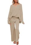 Pink Queen Women's 2 Piece Outfit Set Long Sleeve Button Knit Pullover Sweater Top and Wide Leg Pants Sweatsuit, Khaki, Small