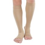 TOFLY® Compression Stockings (Pair), Firm Support 20-30mmHg, Opaque, Unisex, Open Toe Knee High Compression Socks for Varicose Veins, Edema, Shin Splints, Nursing, Travel, Beige M