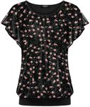 Zeagoo Womens Summer Tops Ruffle Short Sleeve T-Shirt Flowy Loose Pleated Floral Mesh Shirts Double Layers Crew Neck Tunic Tops